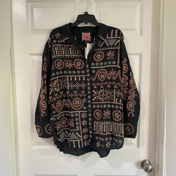 Johnny Was Faye Relaxed Linen Button Down Embroidered Shirt Lagenlook Size L - Picture 2 of 15